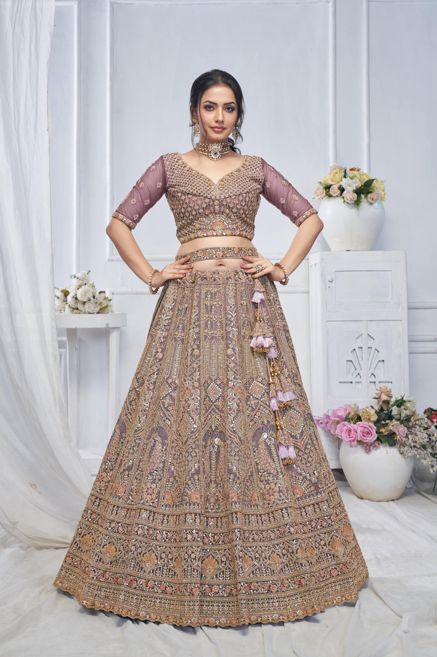 Purple Soft Net With Paisley And Peacock Motifs  Bridal Lehenga
