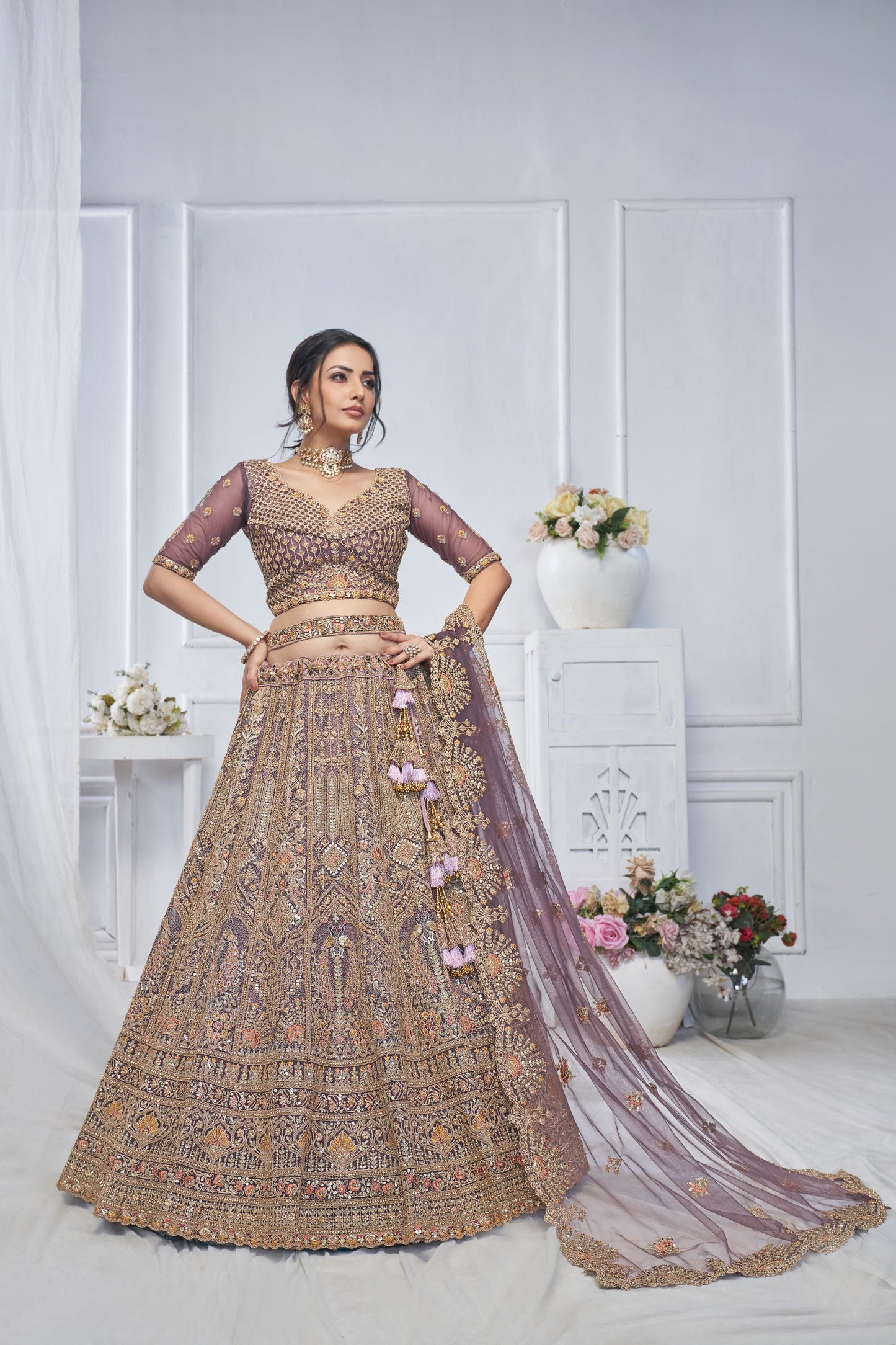 Purple Soft Net With Paisley And Peacock Motifs Bridal Lehenga
