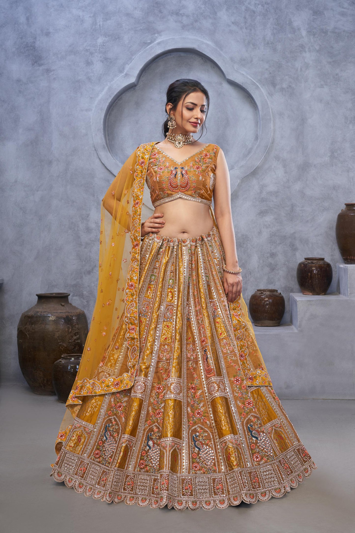Mustard Banarasi Silk Zari Embroidery Bridal Lehenga