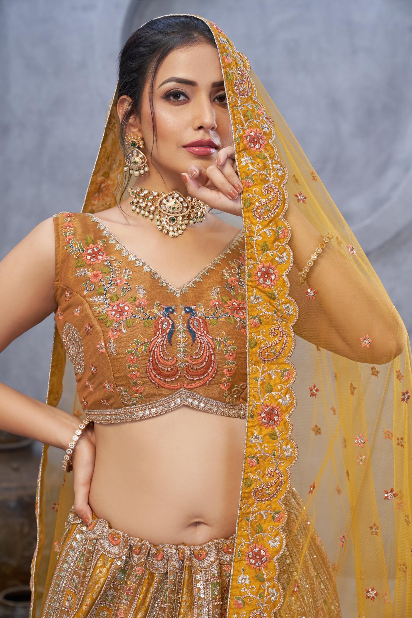 Mustard Banarasi Silk Zari Embroidery Bridal Lehenga