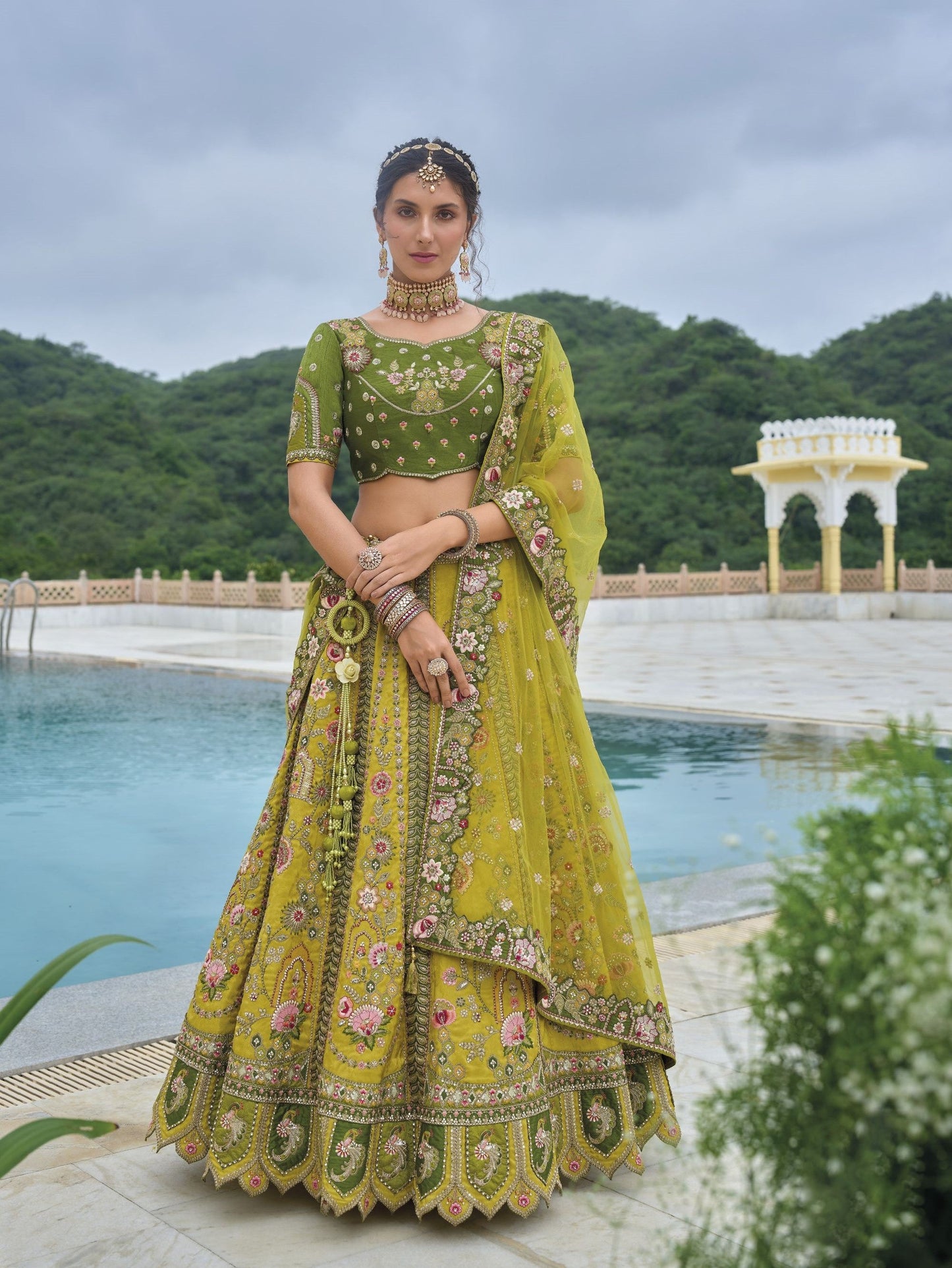 Green and Yellow Sequins and Floral Embroidery Silk Mehendi Lehenga