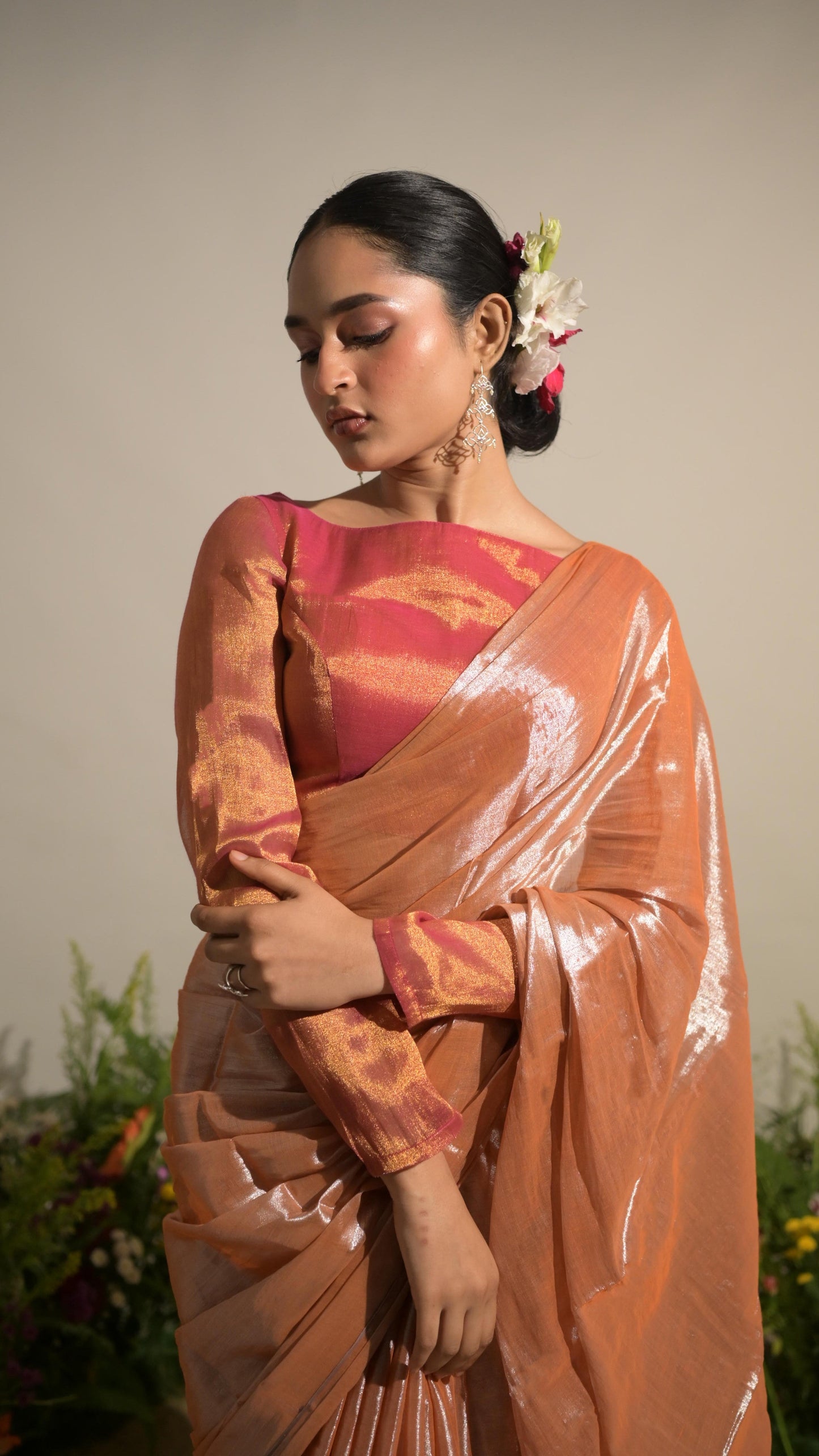 Gulmohar Mirage I Neon Orange Tissue Saree