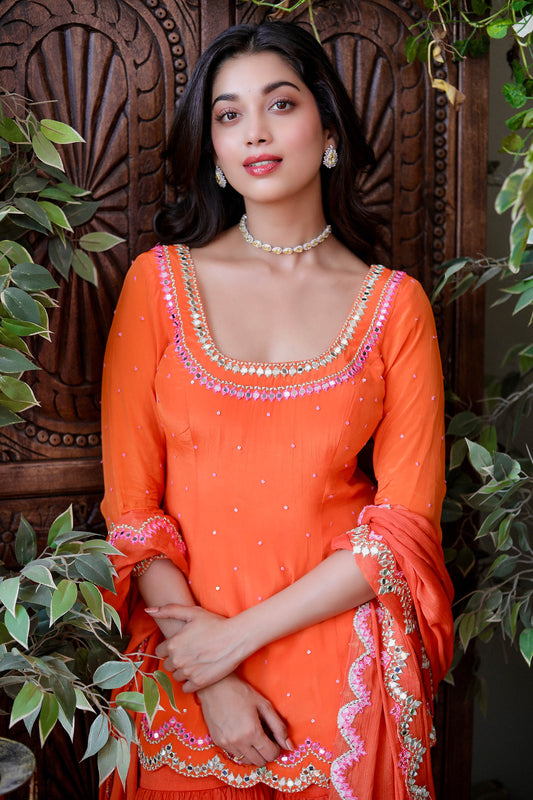 Orange Crepe Sharara Set