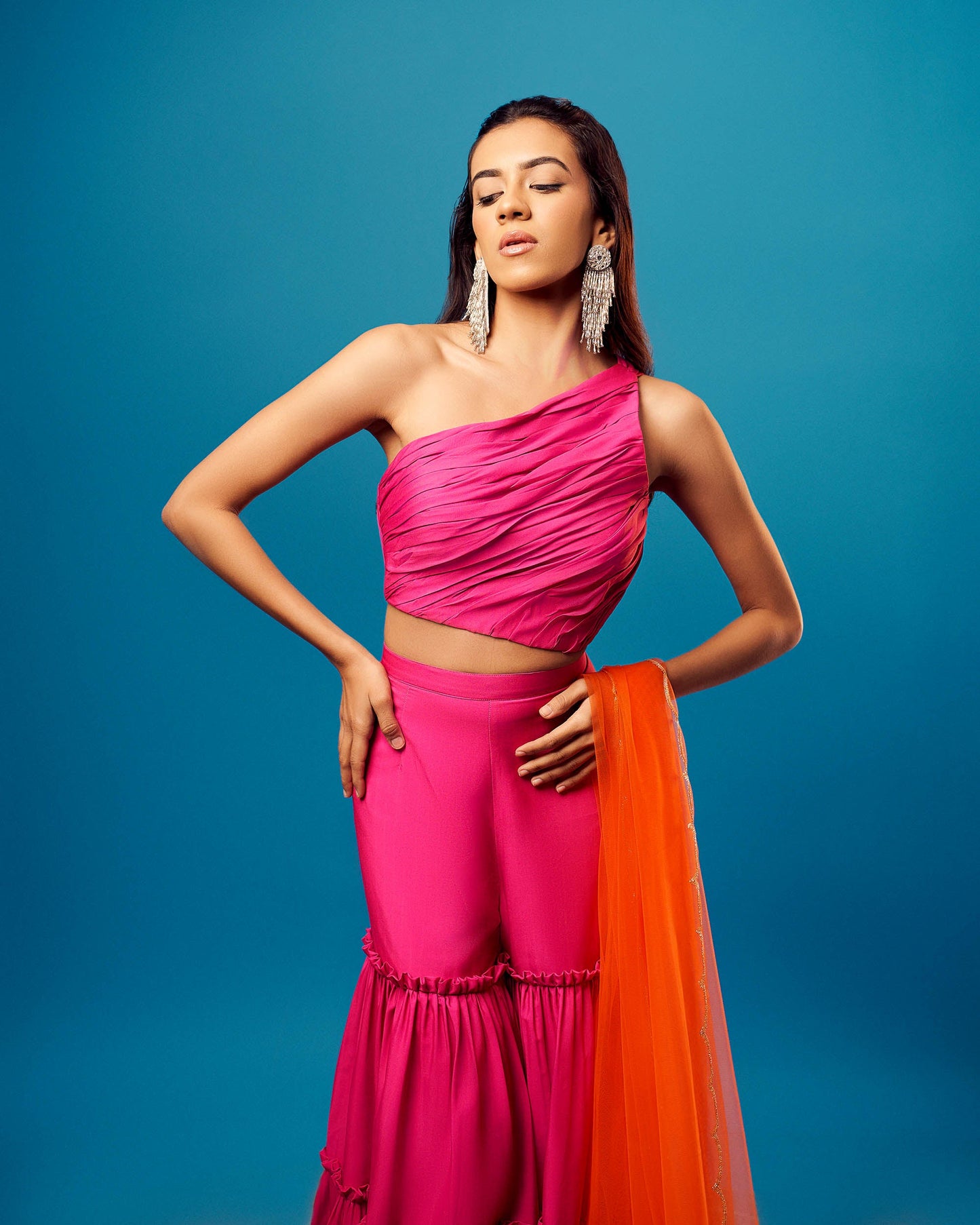 Pink-Orange Ombre French Crepe One Shoulder Tiered Sharara Set