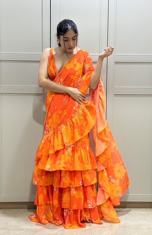 Yellow and Orange Printed Drape Wedding saree