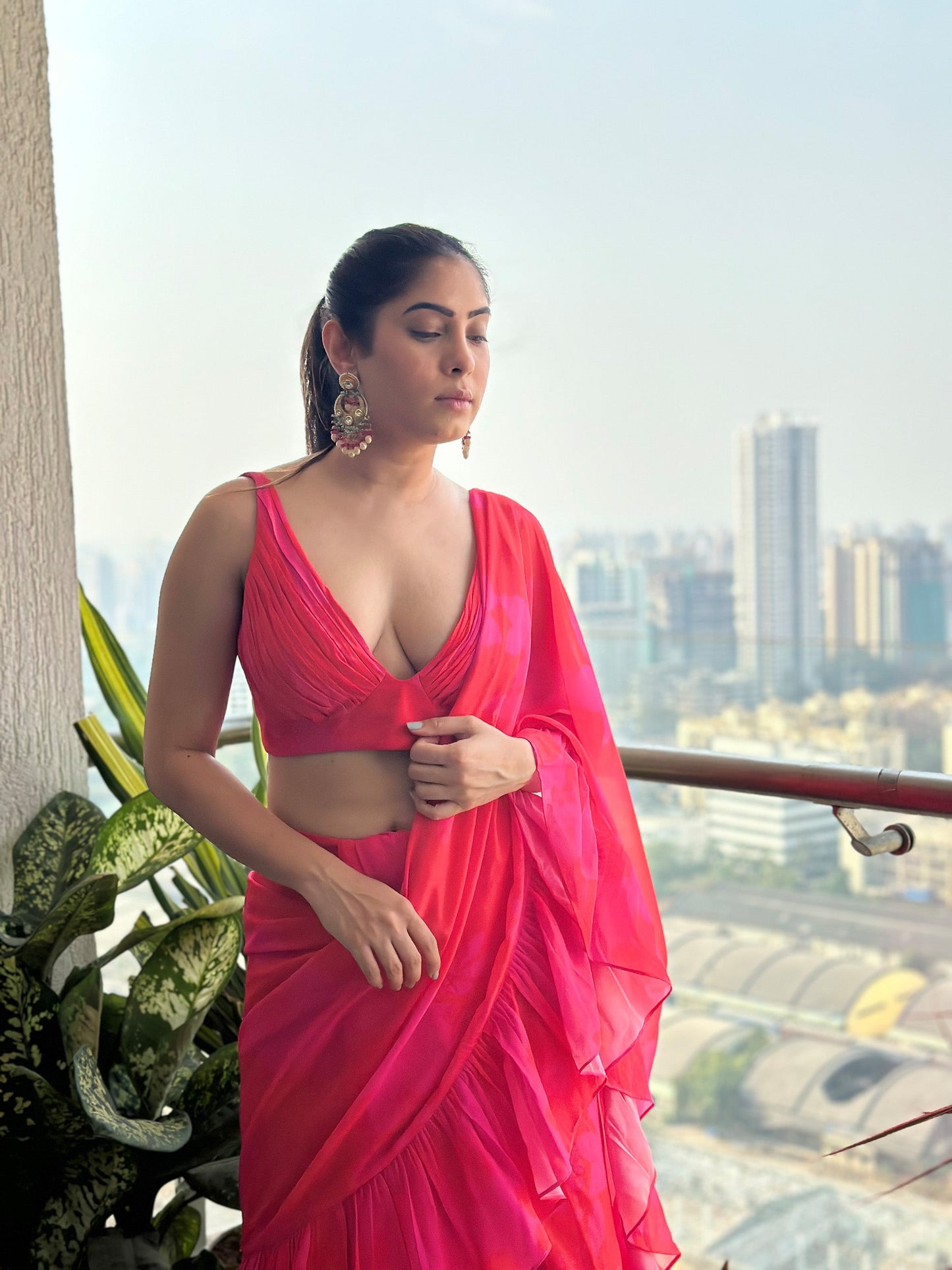 Pink and Red Printed Drape Floral Saree