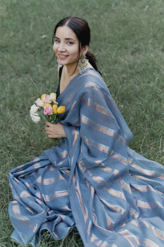 Ash Grey Cotton Mulmul Rang Saree