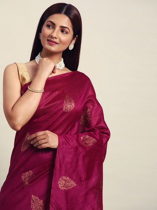 Wine Handloom Ghicha Raw Silk Butti woven saree