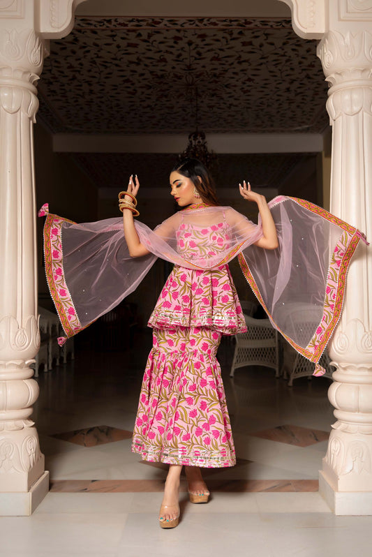 Jarokha Nazakat Pink Cotton Hand Block Sharara Set