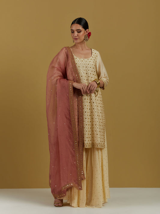 Beige Chanderi Silk Beige & pink Hand Embroidered Sharara