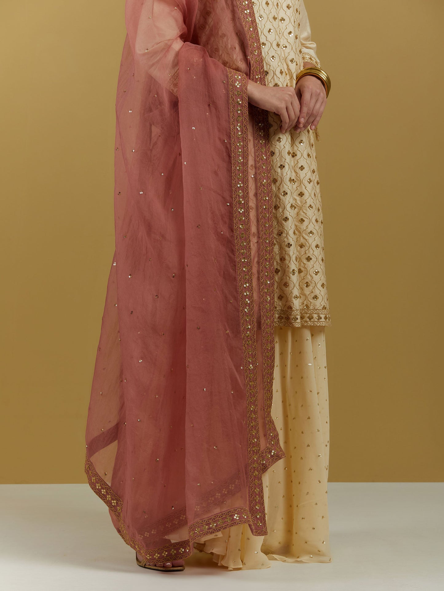 Beige Chanderi Silk Beige & pink Hand Embroidered Sharara
