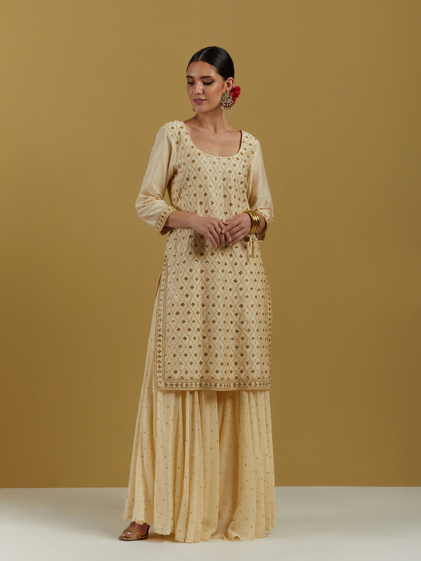 Beige Chanderi Silk Beige & pink Hand Embroidered Sharara