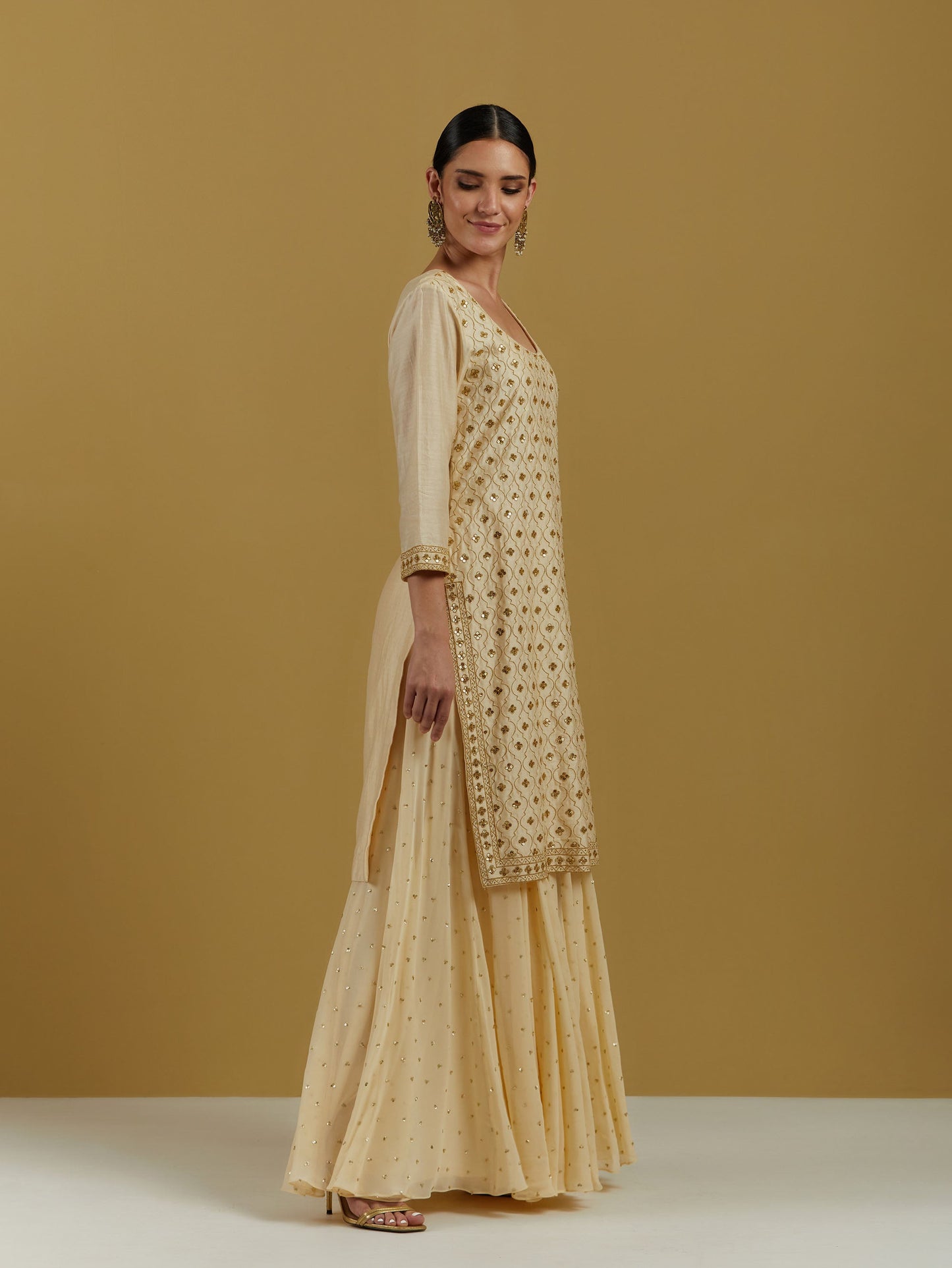 Beige Chanderi Silk Beige & pink Hand Embroidered Sharara