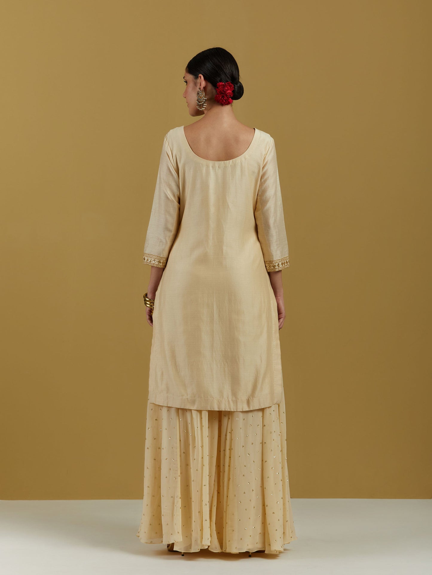 Beige Chanderi Silk Beige & pink Hand Embroidered Sharara