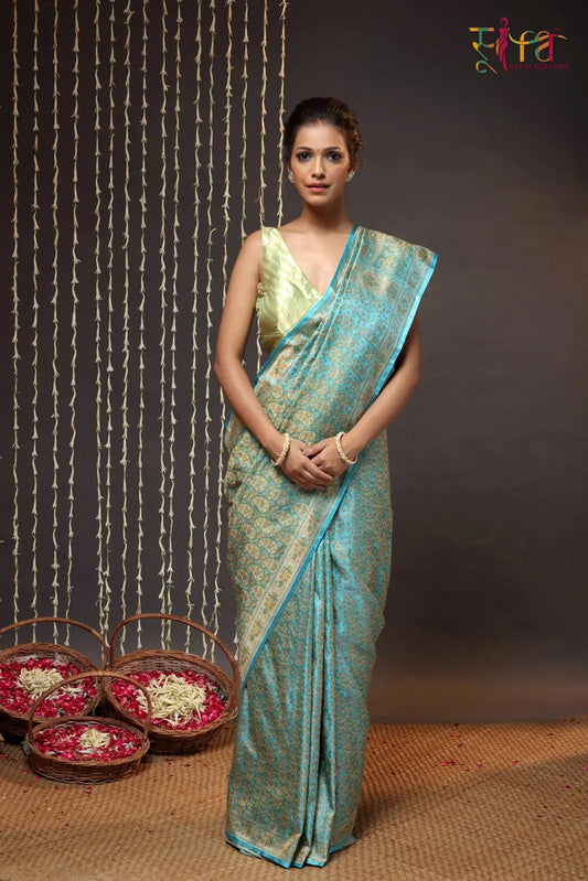 Electric Blue Handloom Pure Silk Tanchoi Banarasi Saree
