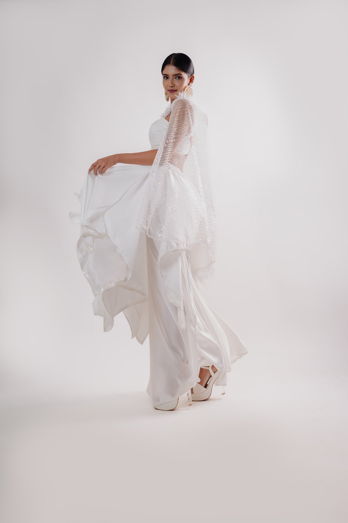 Royal White Two Layer Asymmetric Skirt with Crop Top Embellished with Fur