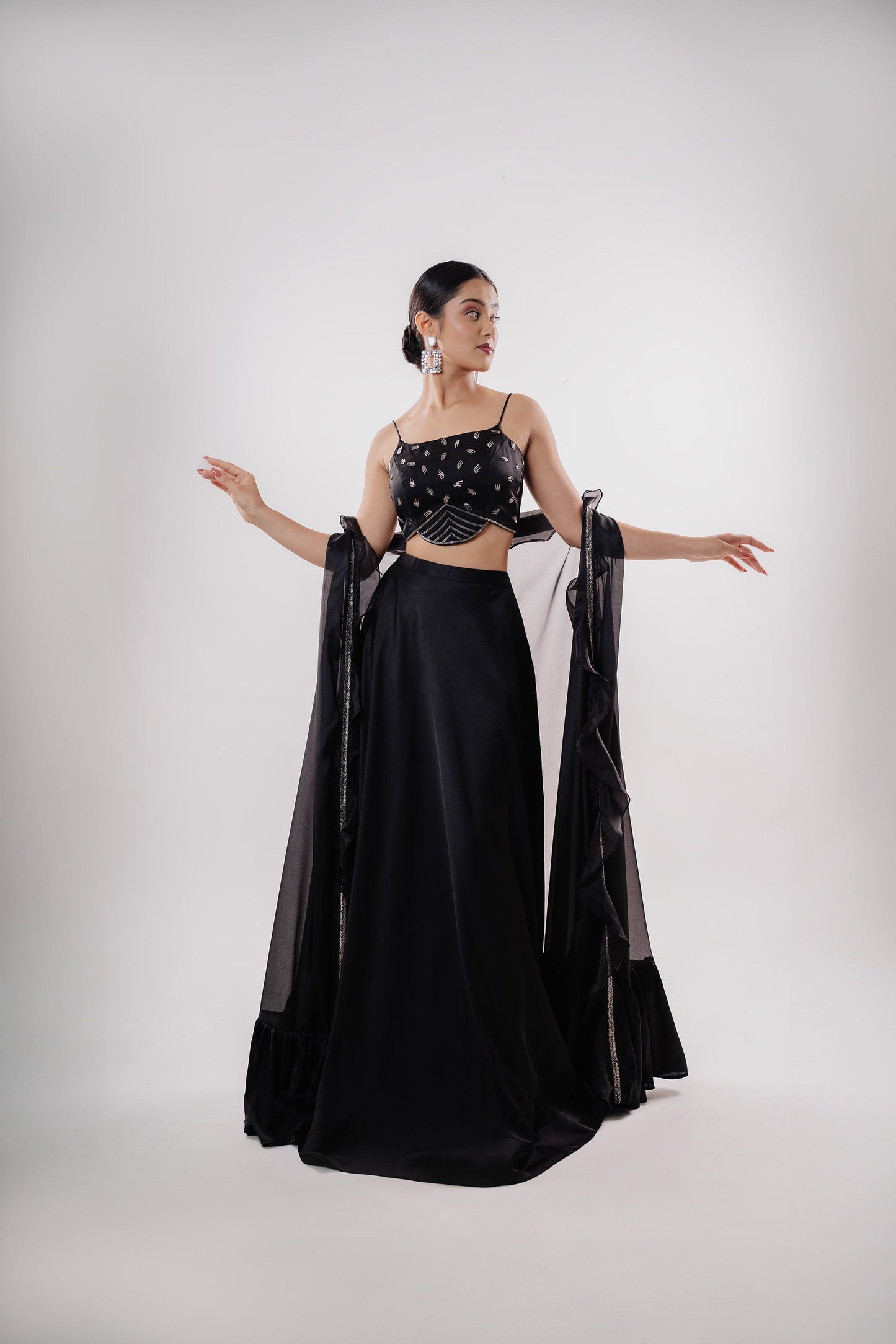 Bold Black Fancy Crop-Top, Umbrella Skirt, Flared Long Cape Ensemble