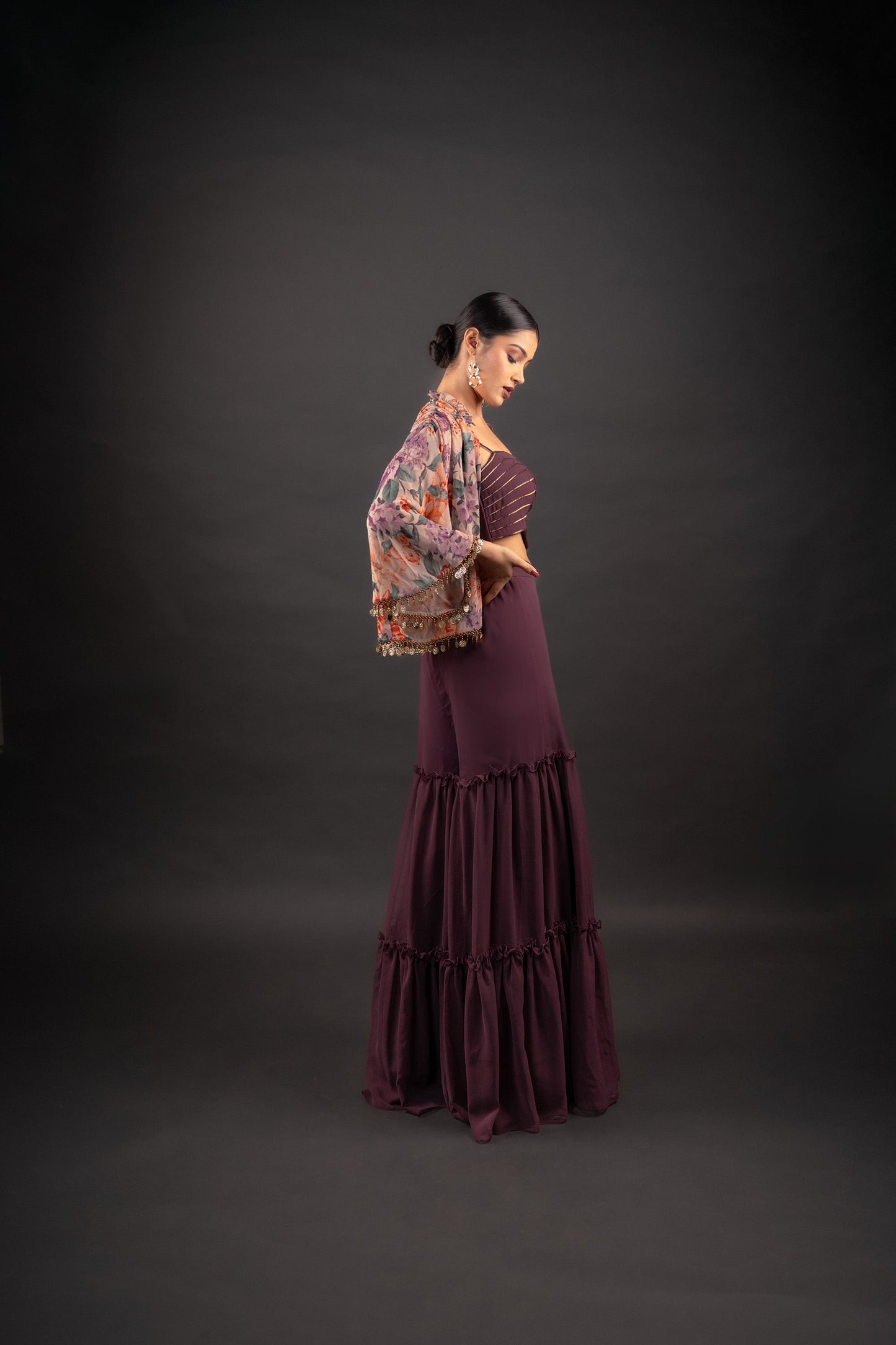 Wine Gharara Pants with Floral Printed Cape and Spaghetti Crop-Top