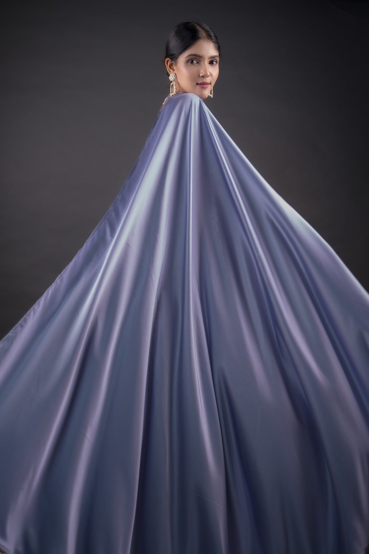 Steel grey ideal brocade crop top paired with Cigar pants