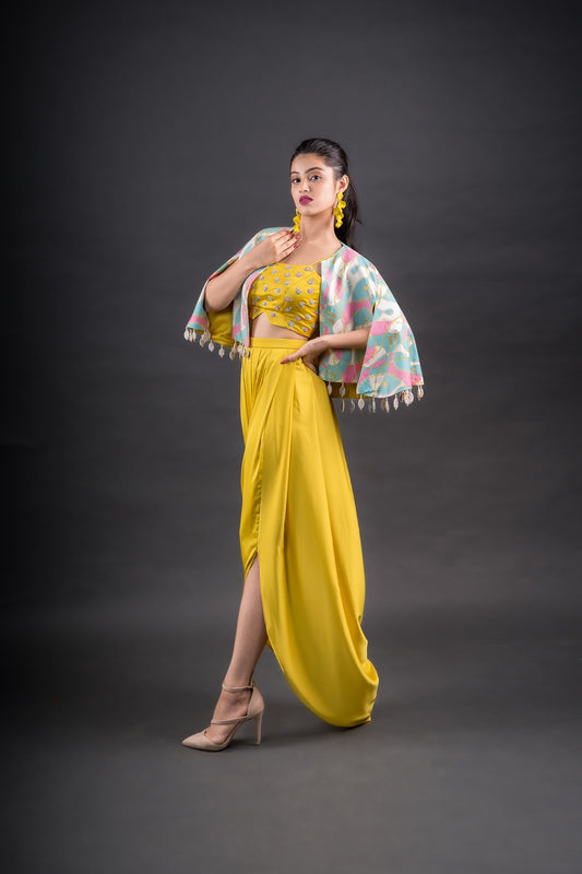 Spice yellow crop top, drapped skirt, with the 2 sided cape