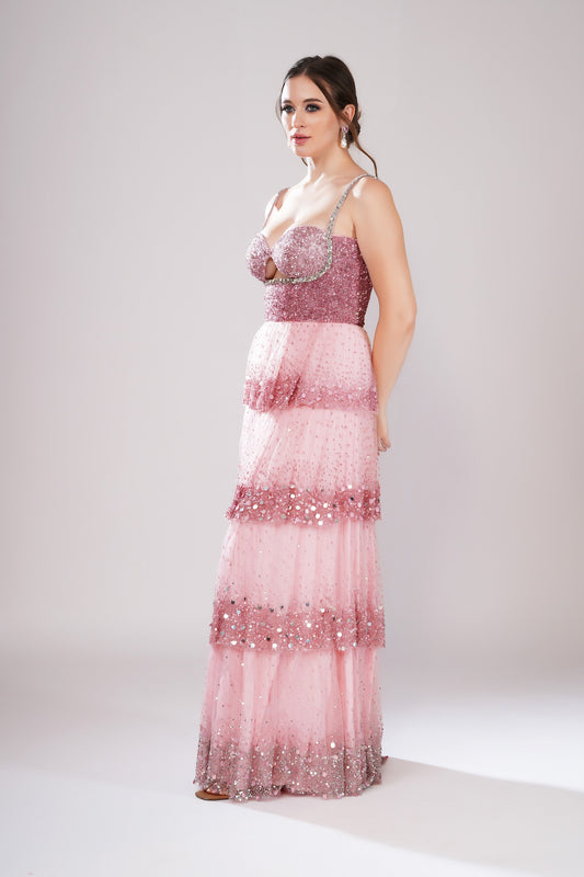 Amethyst Cascade Pink Tulle Party Wear Gown