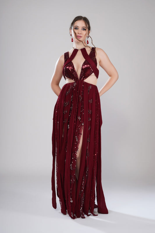 Crimson flames Red Tulle Party Wear Gown