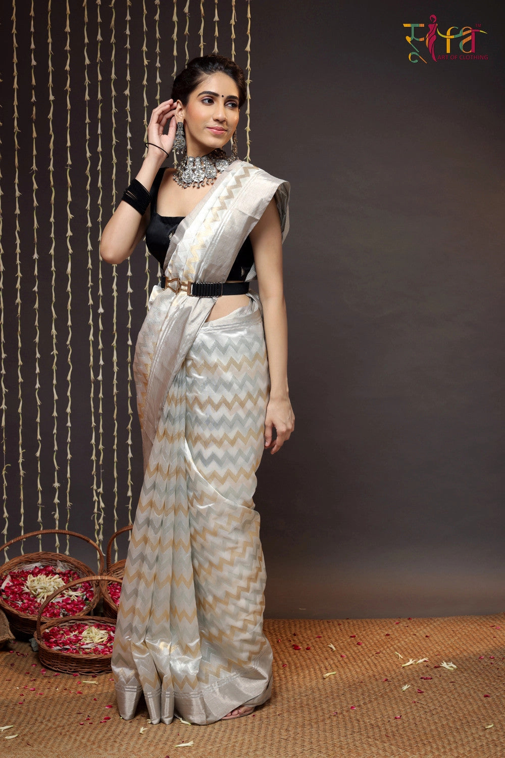 Handloom White Chanderi Pure Silk Saree With Silver Border