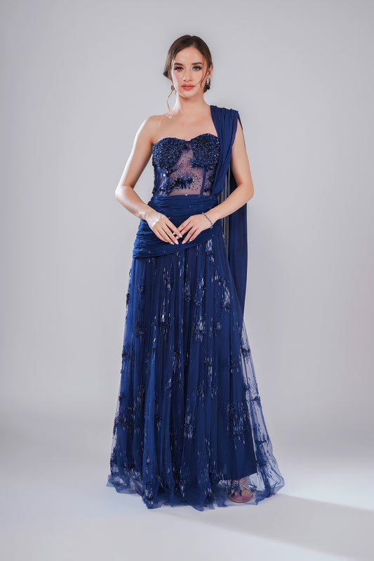 Astral Eon Deep Blue Tulle Sangeet Gown