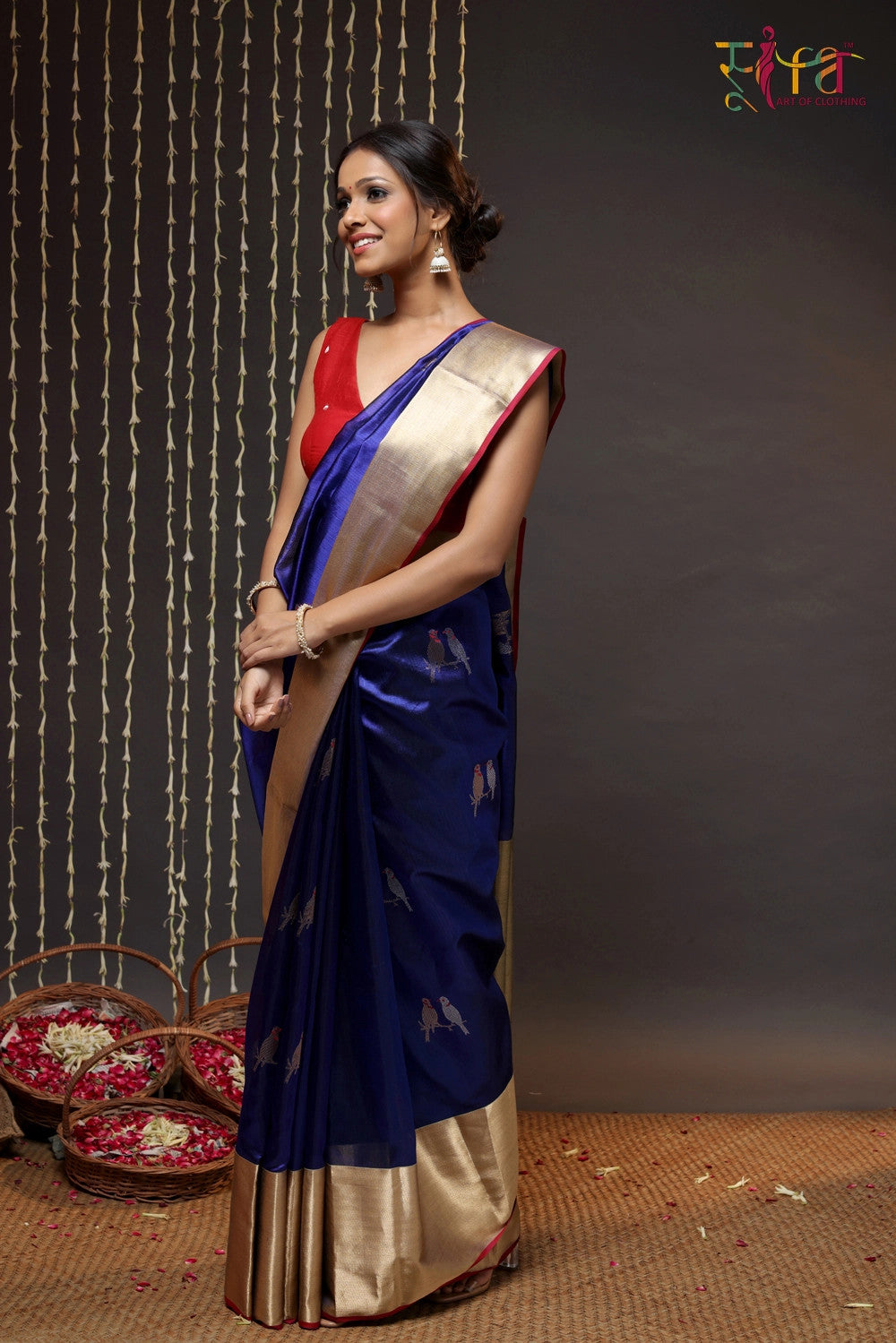 Navy Blue Handloom Pure Silk Chanderi Saree With Broad Zari Border