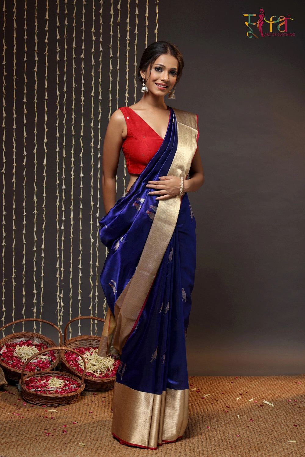 Navy Blue Handloom Pure Silk Chanderi Saree With Broad Zari Border