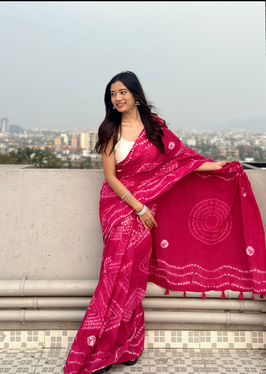 Raani Pink - Tie & Dye Shibori Print Natural Dyed - Mulmul Cotton Saree