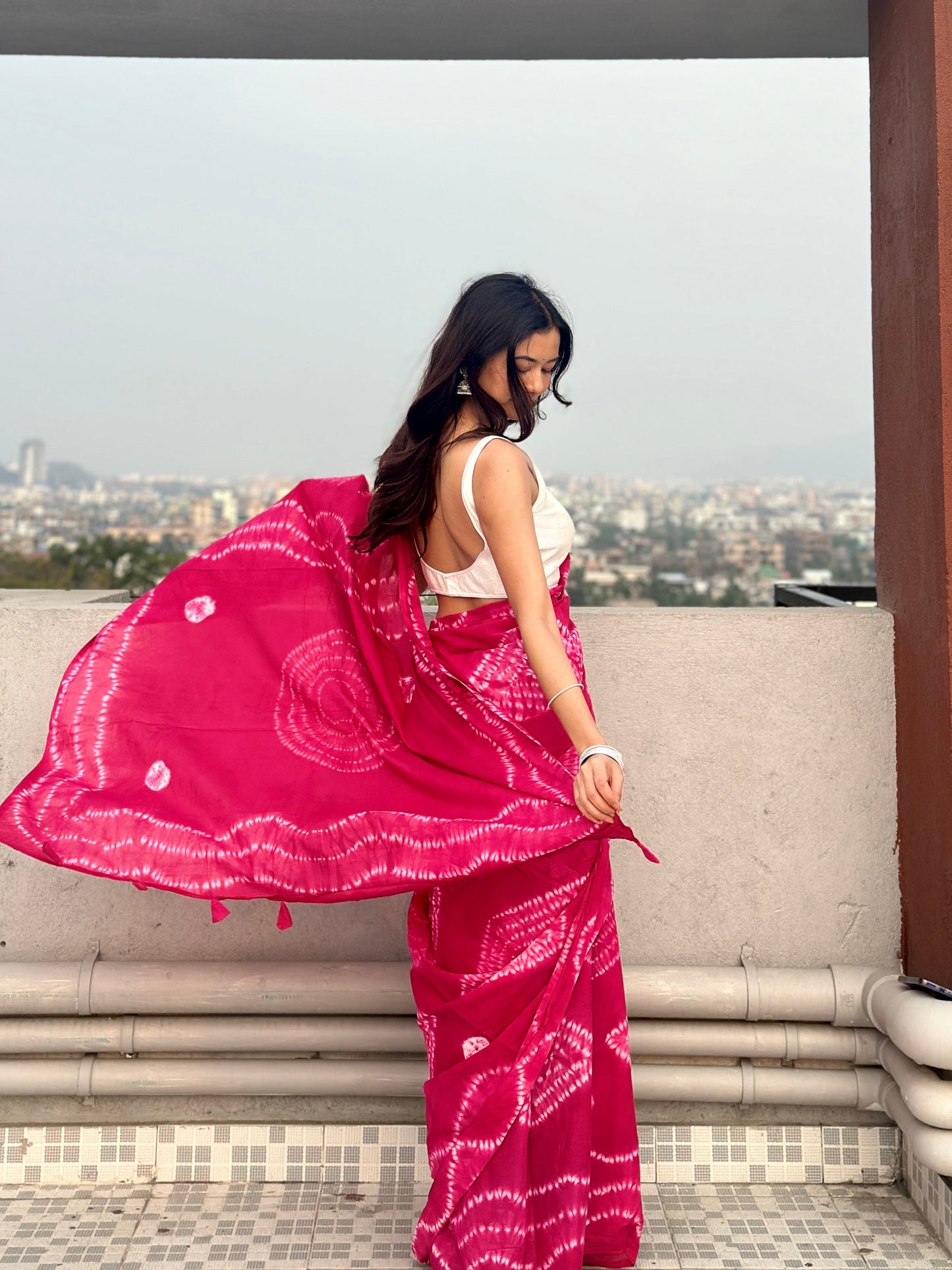 Raani Pink - Tie & Dye Shibori Print Natural Dyed - Mulmul Cotton Saree