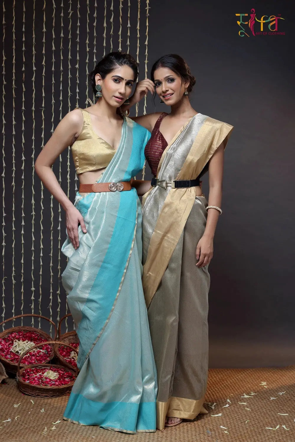 Sea Blue Chanderi pure silk woven with zari motifs