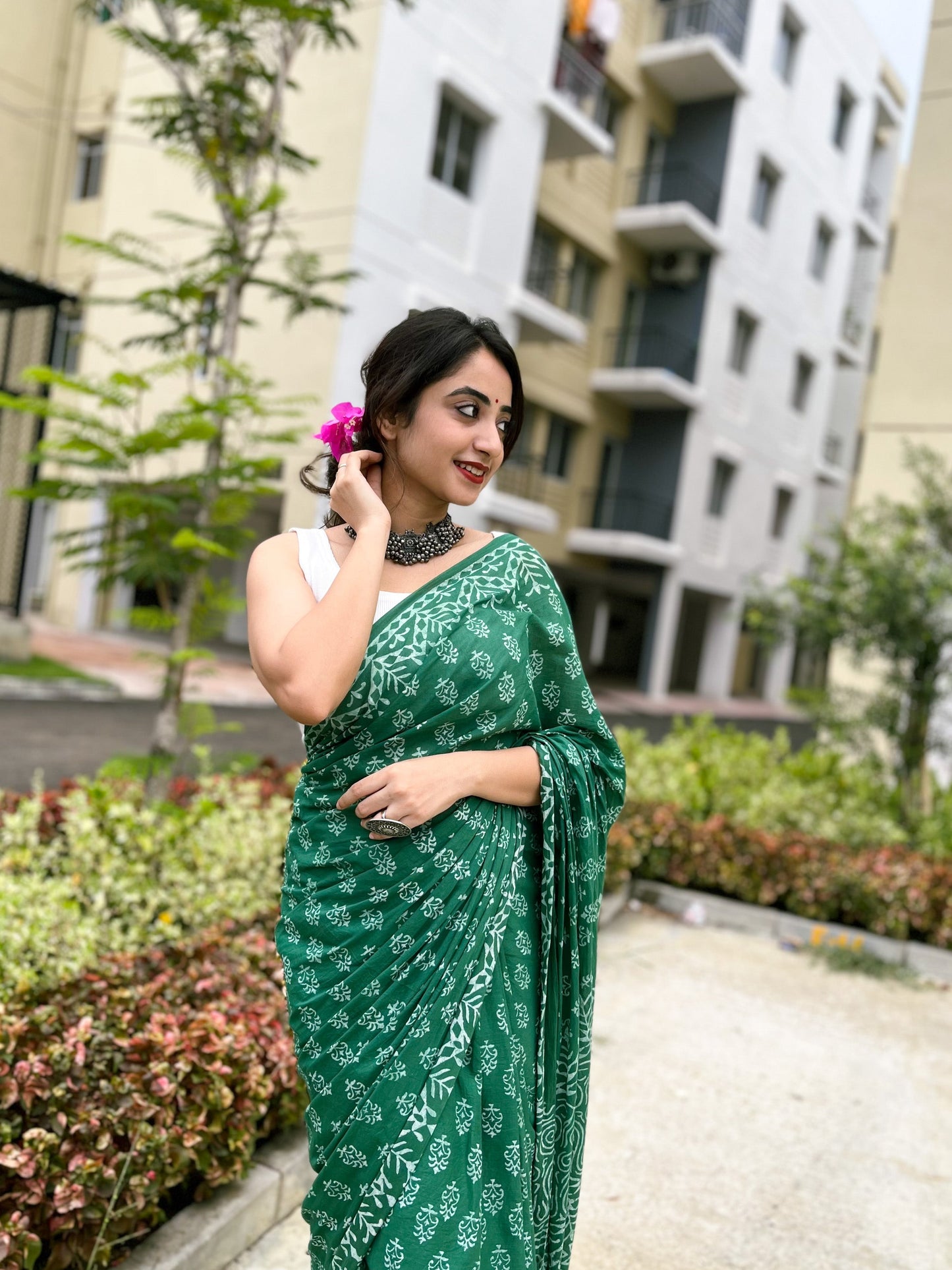 Hari Bhari - Green Handblock Print Natural Dyed - Mulmul Cotton Saree