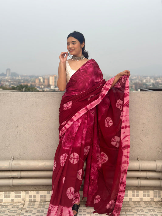 Bandani - Red Tie & Dye Shibori Print Natural Dyed - Mulmul Cotton Saree