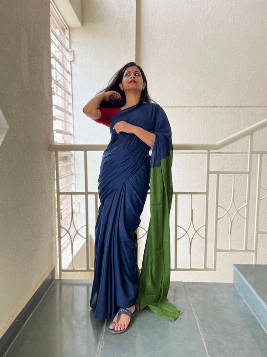 Sabrang - Plain Natural Dyes - Blue Cotton Mulmul Saree
