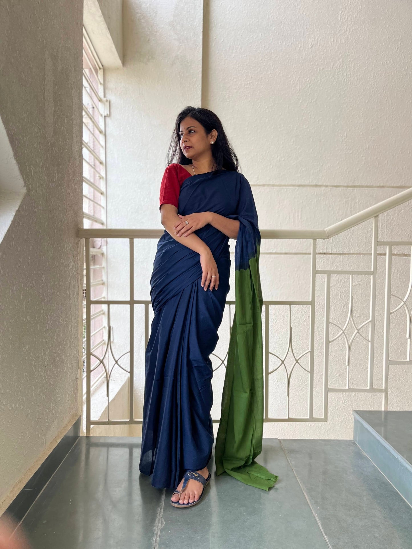 Sabrang - Plain Natural Dyes - Blue Cotton Mulmul Saree