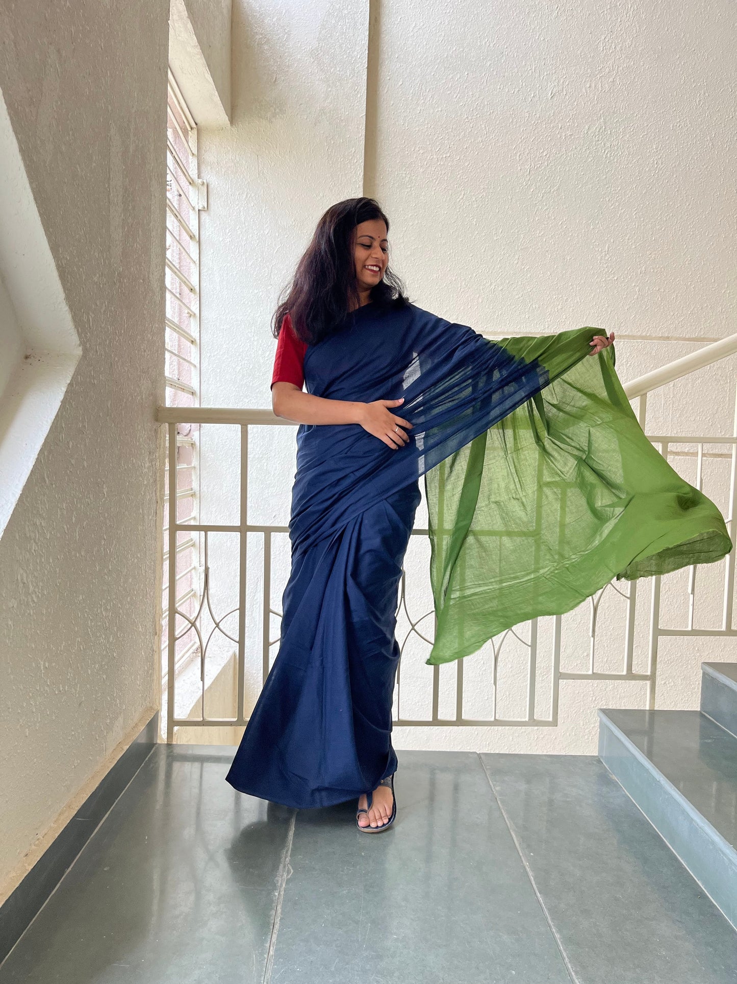 Sabrang - Plain Natural Dyes - Blue Cotton Mulmul Saree