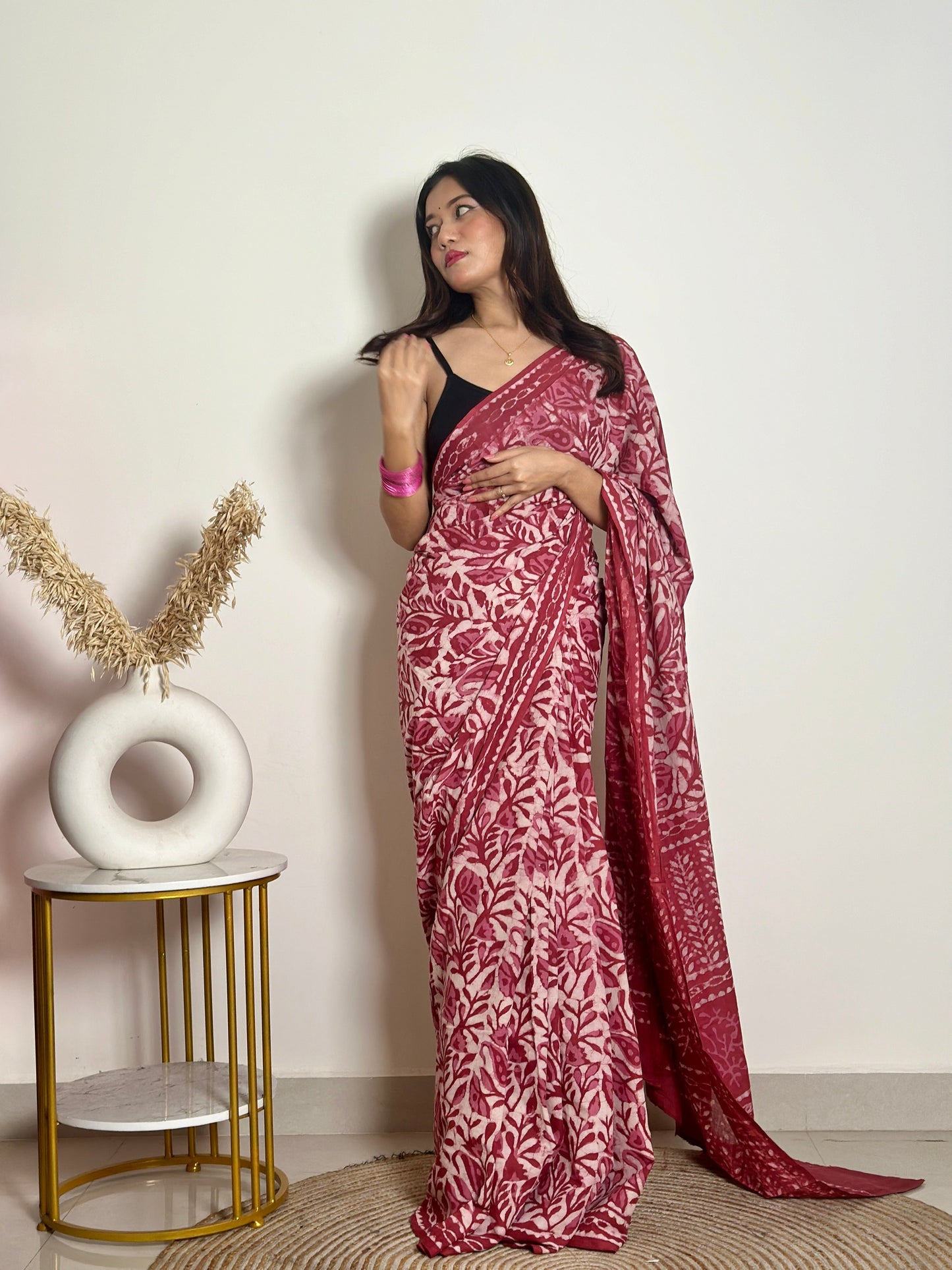 Bougainvillea - Red Cotton Mulmul - Handblock Dabu Saree