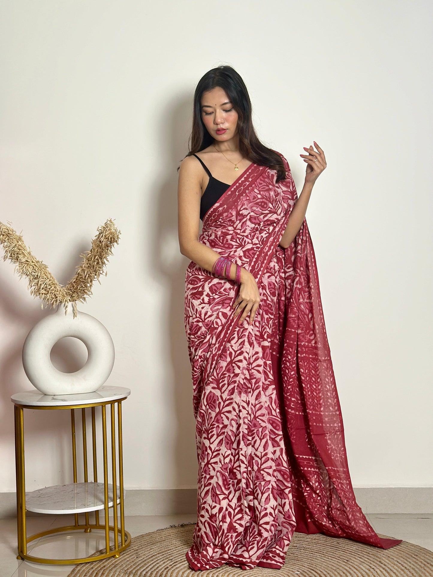 Bougainvillea - Red Cotton Mulmul - Handblock Dabu Saree