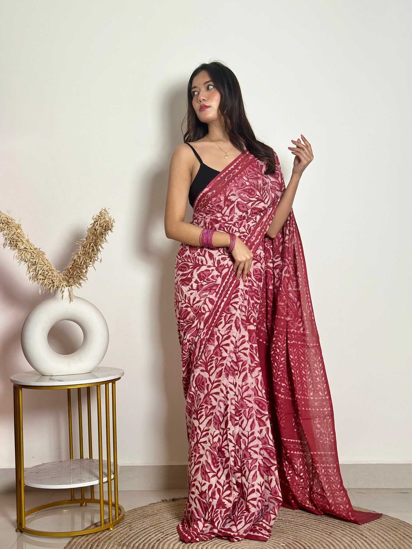 Bougainvillea -  Red Cotton Mulmul - Handblock Dabu Saree