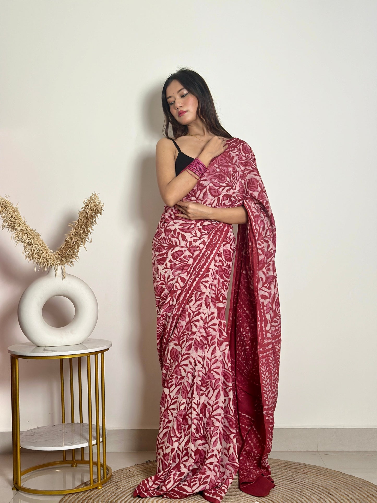 Bougainvillea -  Red Cotton Mulmul - Handblock Dabu Saree
