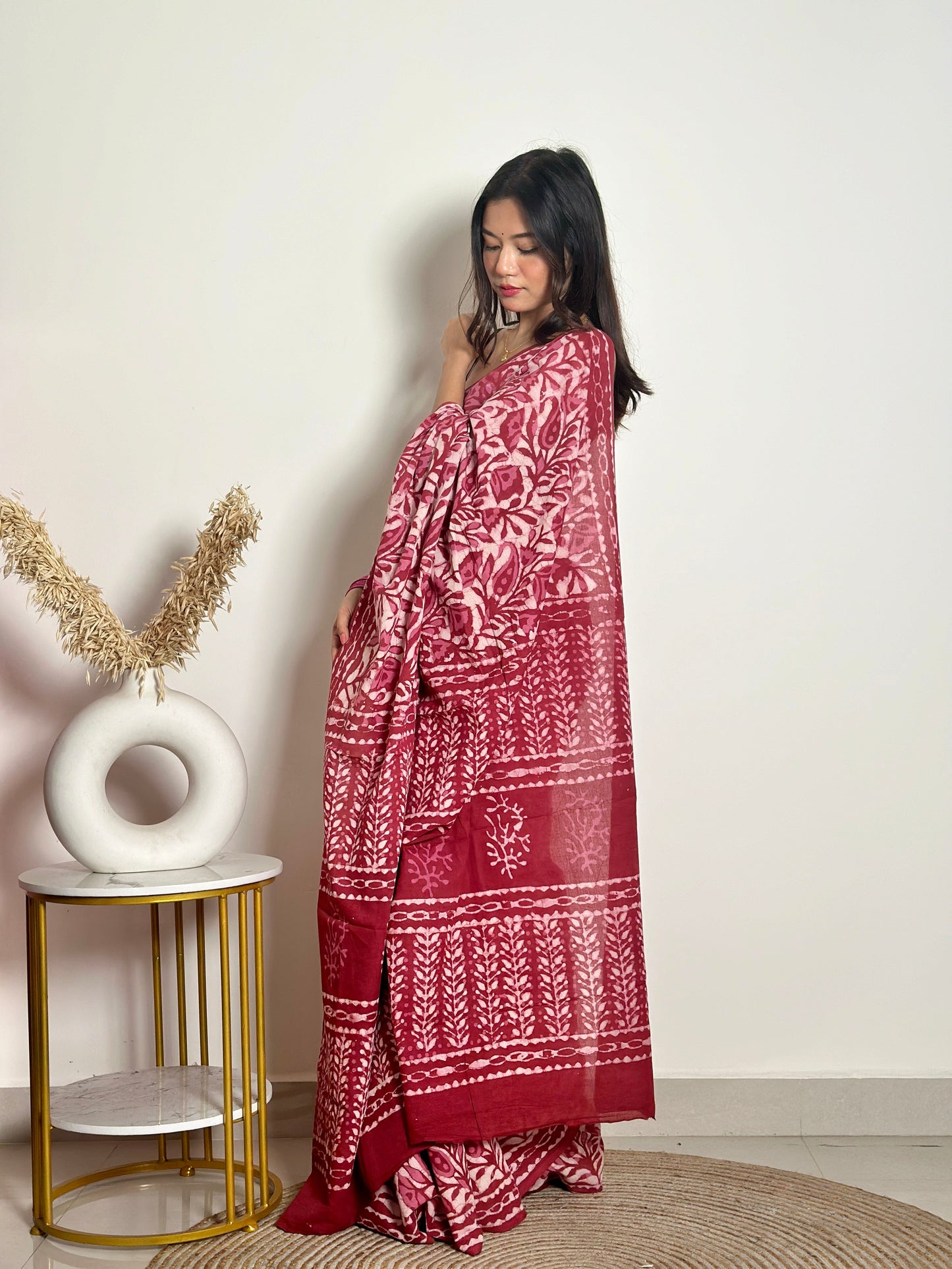 Bougainvillea - Red Cotton Mulmul - Handblock Dabu Saree