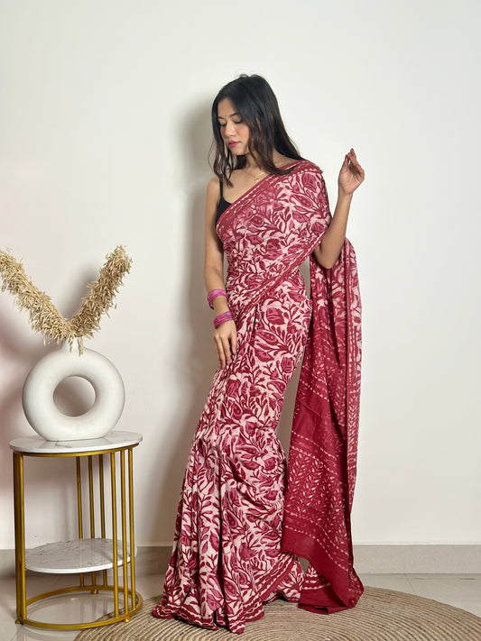 Bougainvillea -  Red Cotton Mulmul - Handblock Dabu Saree