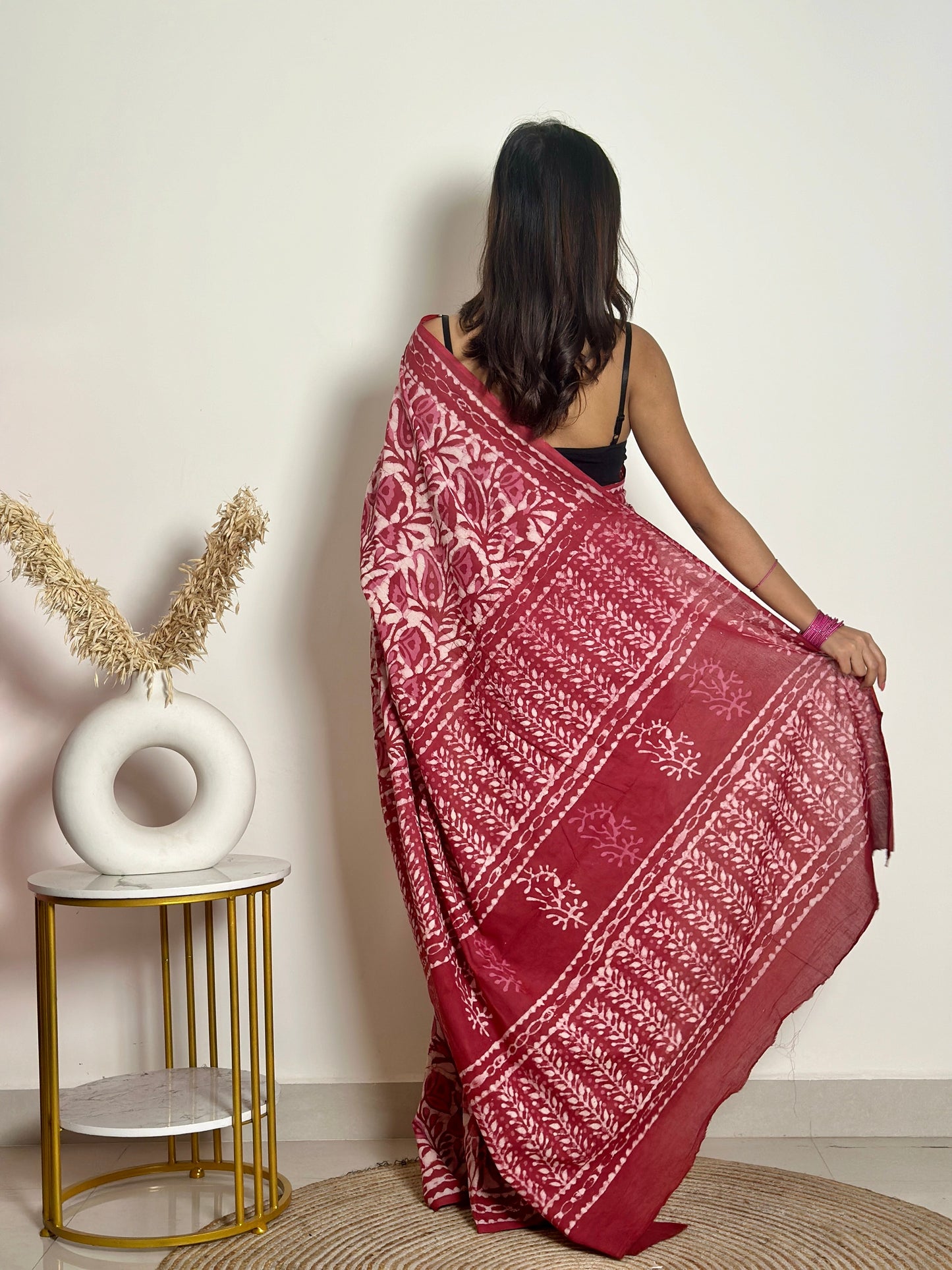 Bougainvillea - Red Cotton Mulmul - Handblock Dabu Saree