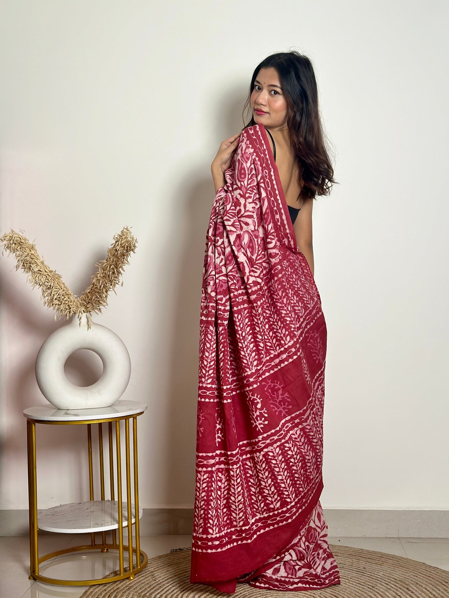 Bougainvillea -  Red Cotton Mulmul - Handblock Dabu Saree