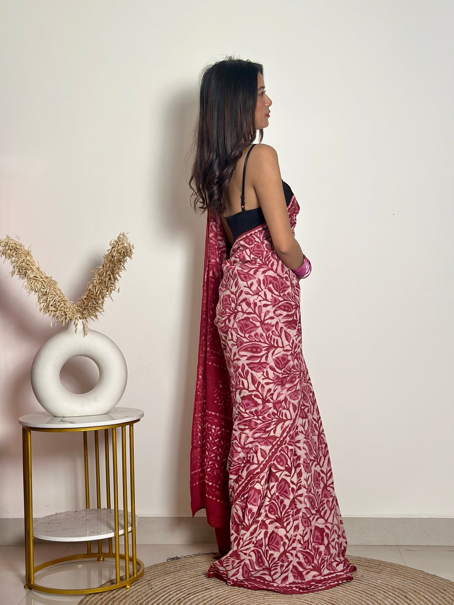 Bougainvillea - Red Cotton Mulmul - Handblock Dabu Saree