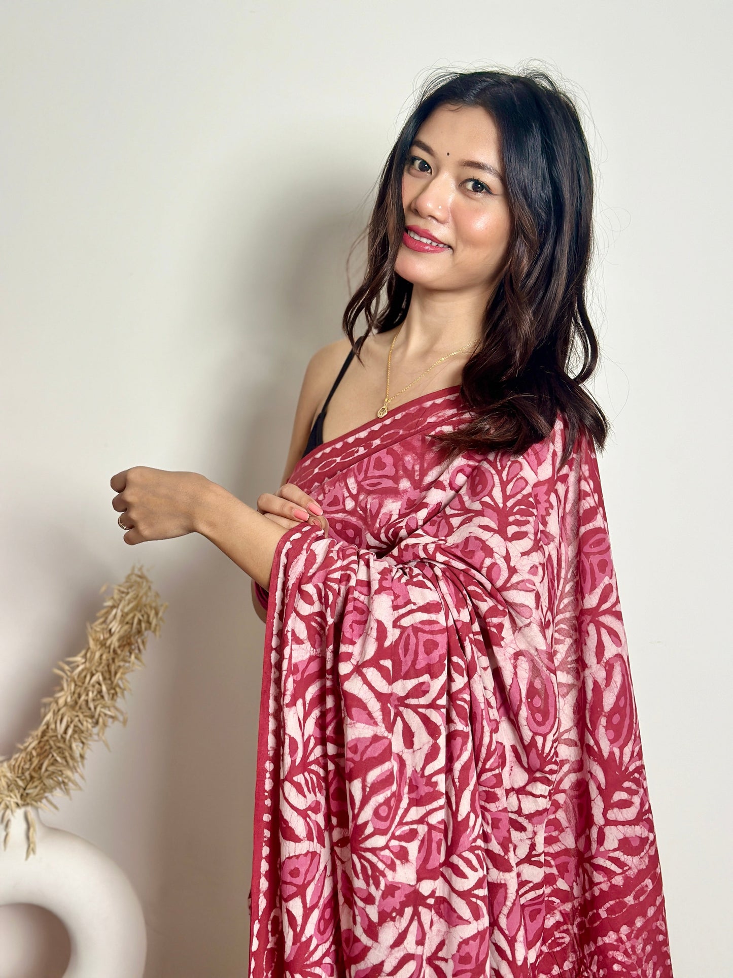 Bougainvillea - Red Cotton Mulmul - Handblock Dabu Saree
