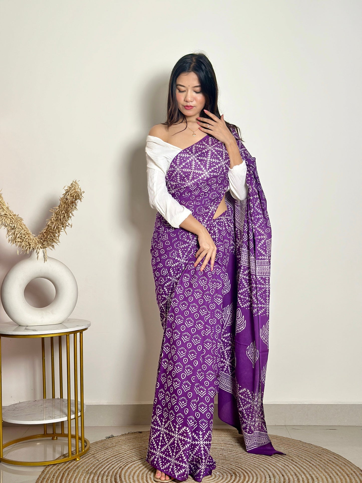 Old School Romance Handblock Print Natural Dyed - Purple Mulmul Cotton Saree
