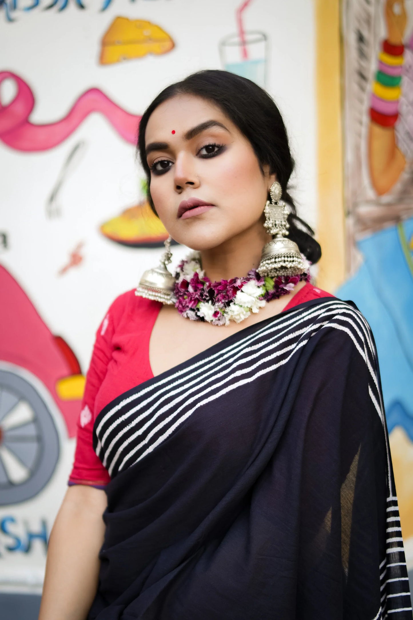 Coal Black - Handblock Print Natural Dyed - Mulmul Cotton Saree